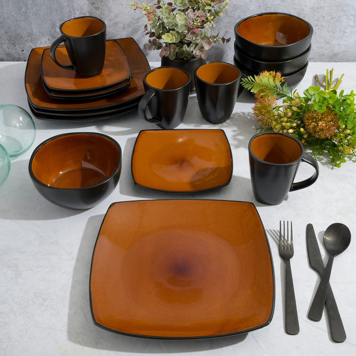 Gibson Soho Lounge Square Reactive Glaze Stoneware Dinnerware Set, Service for 4 (16pc), Sapphire Service for 4 (16pcs)