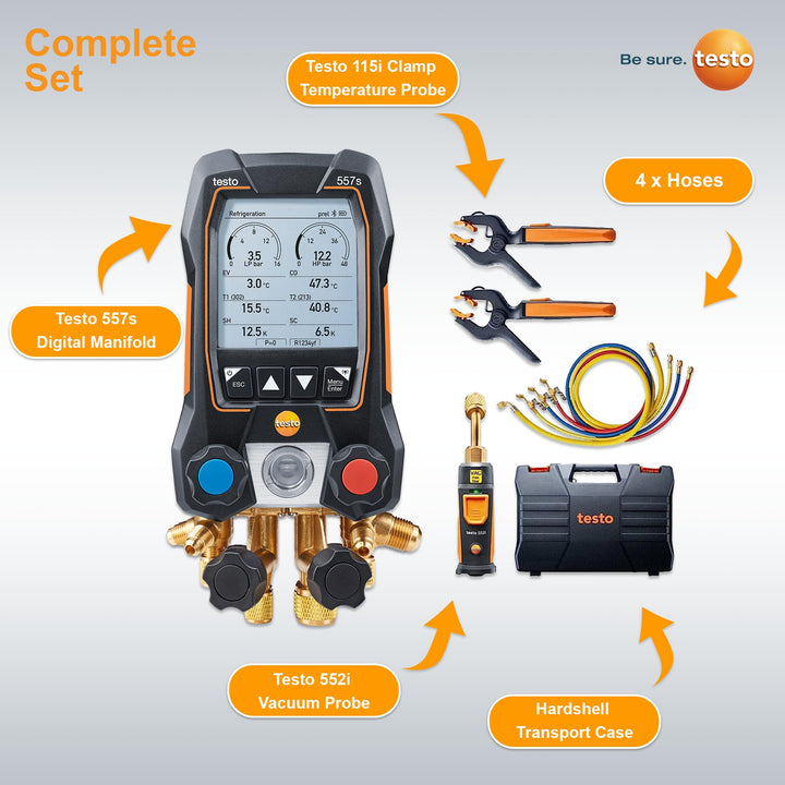 testo 557s AC Manifold Gauge Set – AC Recharge Kit with 2x testo 115i Pipe Clamp Thermometer, 1x testo 552i Micron Gauge, and 4x Hoses – AC Gauge Set with Bluetooth Vacuum Kit with 4 Hoses