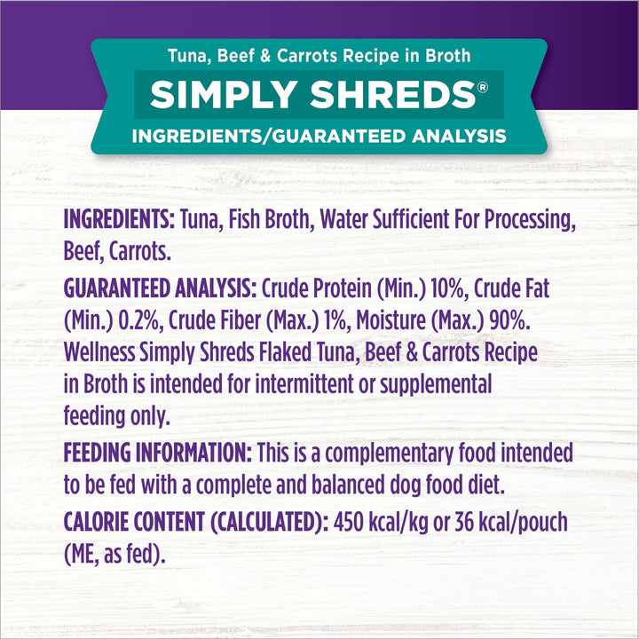 Wellness Bowl Boosters Simply Shreds Natural Grain Free Wet Dog Food Mixer or Topper, Tuna, Beef & Carrots, 2.8-Ounce Pouch (Pack of 12) 2.8 Ounce (Pack of 12)