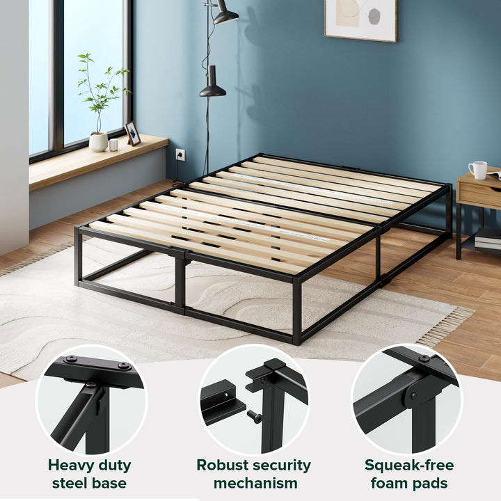 ZINUS Joseph 18 Inch Platform Bed Frame, Wood Slat Support, No Box Spring Needed, Eco Friendly WonderBox(TM) Packaging, Easy Assembly, Black, Queen 18 Inch Bed Frame New Small Box