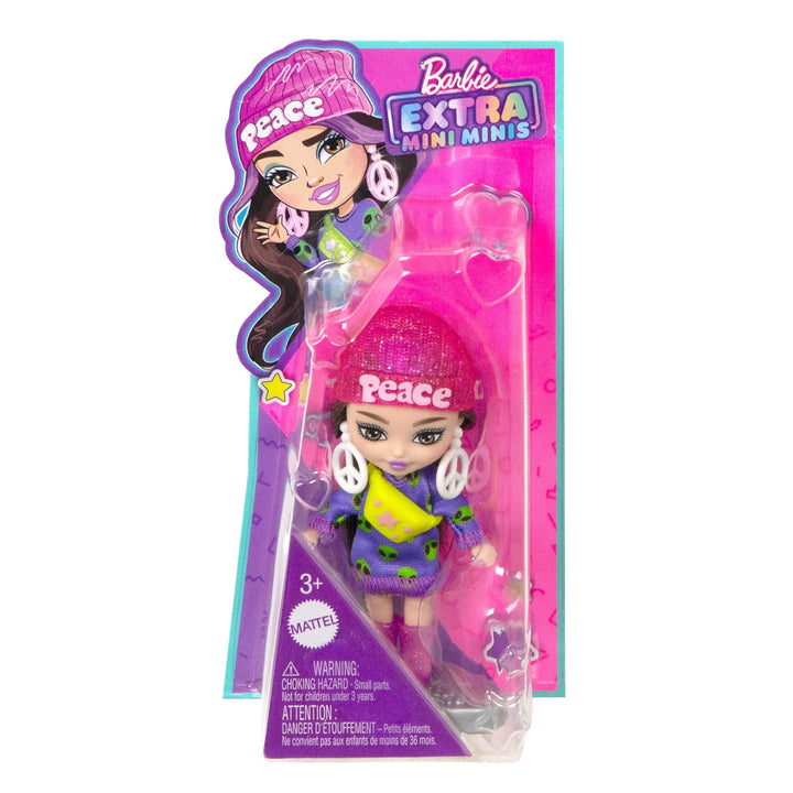 Barbie Extra Mini Minis Doll with Brunette Hair, Alien Sweater Dress & Peace Sign-Themed Accessories & Stand, 3.25-inch 3.25 inch (Pack of 1) Alien Print