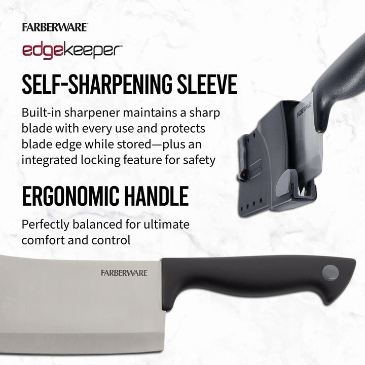 Farberware Edgekeeper 6-Inch Cleaver Knife with Self-Sharpening Blade Cover, High Carbon-Stainless Steel Kitchen Knife with Ergonomic Handle, Razor-Sharp Knife, Black Black/Gray