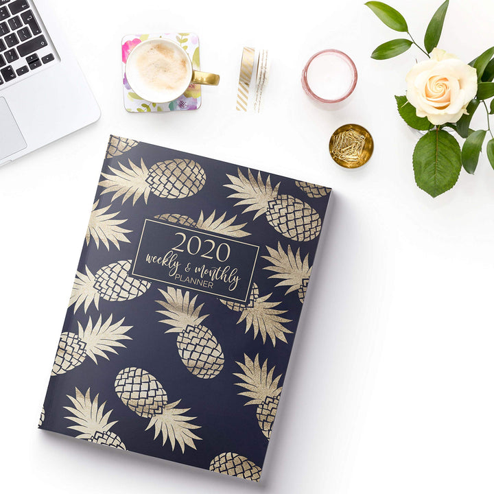 2020 Planner: Weekly and Monthly Agenda Calendar Organizer | January through December | Gold Pineapple + Navy Blue (HORIZONTAL Layout)