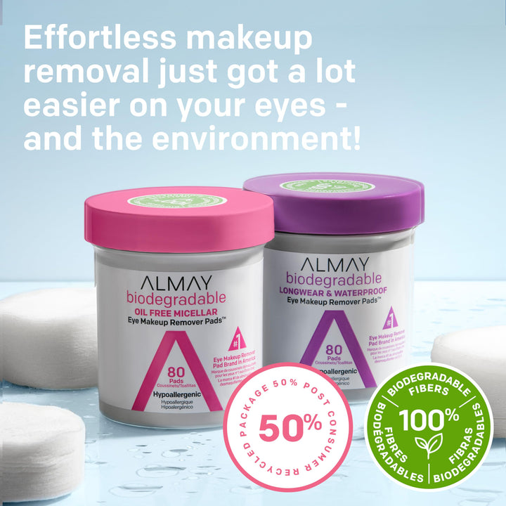 Almay Biodegradable Makeup Remover Pads, Longwear & Waterproof, Hypoallergenic, Fragrance-Free, Dermatologist & Ophthalmologist Tested, 80 count