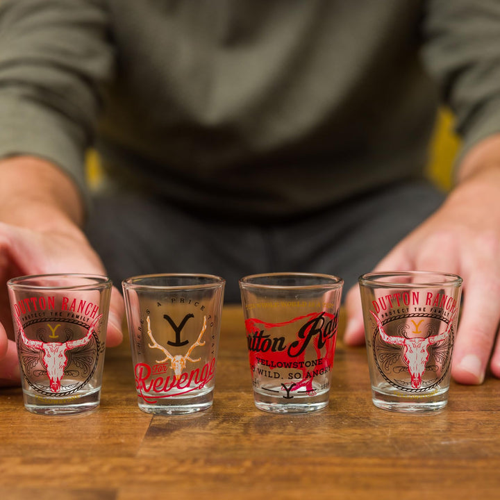 Silver Buffalo Yellowstone Multi Badge 4pc. Mini Glass Set 4x1, 1.5 Ounces