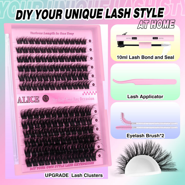 ALICE Lash Extension Kit Fluffy Volume Cluster Lashes Wispy 8-20MM D Curl Individual Lashes Eyelash Clusters Kit Lash Glue Bond and Seal Tweezers Diy Eyelash Extension Kit Self Application at Home