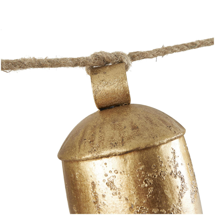 Deco 79 Gold Metal Tibetan Inspired String Hanging Decorative Bells with Jute Hanging Rope 4" x 8" x 52" - Cone 52" x 4" x 8"