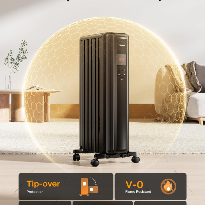 PELONIS Oil Filled Radiator, Electric Space Heater for Indoor Use Large Room with Thermostat & Remote, 3 Modes & 3 Heat Settings, ECO Mode, 24H Timer, Quiet, Overheat & Tip-Over Protection, 1500W Premium with LED Display Black