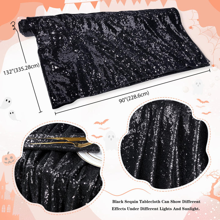 QueenDream Seamless Sequin Tablecloth 90x132 Inch Black Rectangular Tablecloth for Christmas Wedding Birthday Halloween 90 x 132 inch