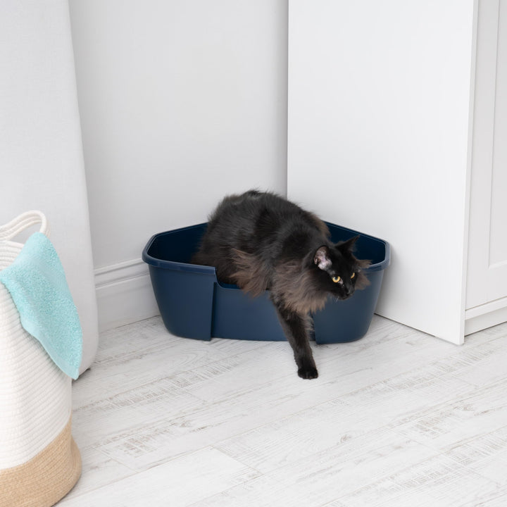 IRIS USA Large Open Top Corner Cat Litter Tray with Scoop, Sturdy Comfortable Easy to Clean Open Air Kitty Rabbit Litter Pan with Tall Walls, Navy Corner Tray - Navy