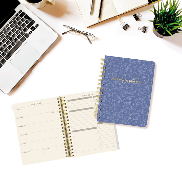 Graphique 2024 Spiral Vegan Leather Planner | 18 Month Organizer July 2023-Dec. 2024 | Weekly & Monthly Spreads | To-Do & Note List | Reference Tabs | Reminder Stickers | Navy Floral | 6 x 8