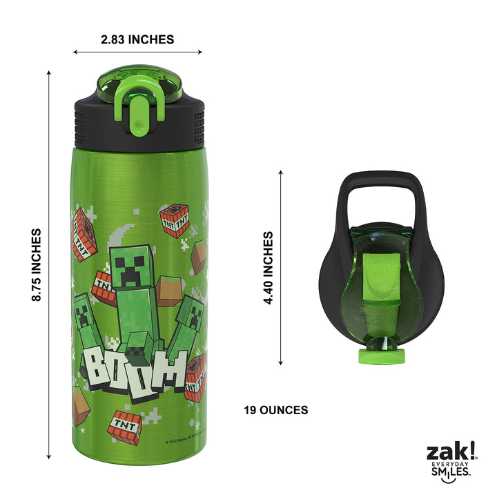 Zak Designs Minecraft Water Bottle for Travel and At Home, 19 oz Vacuum Insulated Stainless Steel with Locking Spout Cover, Built-In Carrying Loop, Leak-Proof Design (Creeper)