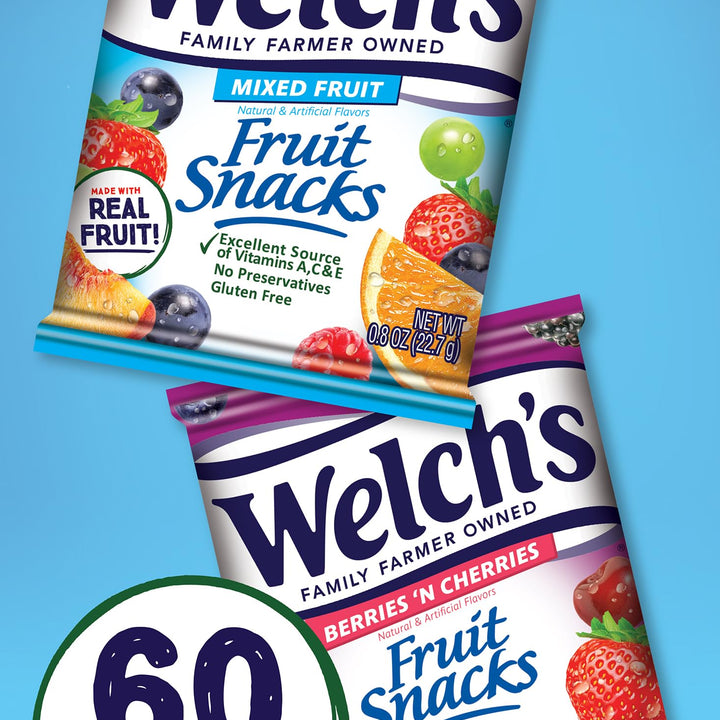 Welch's Fruit Snacks, Mixed Fruit & Berries 'N Cherries Variety Pack, Perfect Halloween Candy Bulk Pack, Gluten Free, 0.8 oz Individual Single Serve Bags (Pack of 60) 0.8 Ounce (Pack of 60)