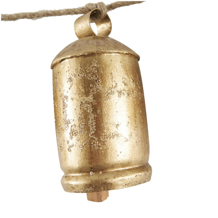 Deco 79 Gold Metal Tibetan Inspired String Hanging Decorative Bells with Jute Hanging Rope 4" x 8" x 52" - Cone 52" x 4" x 8"