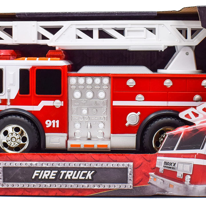 Sunny Days Entertainment Maxx Action 12 Large Fire Truck  Lights and Sounds Vehicle with Extendable Ladder | Motorized Drive and Soft Grip Tires | Red Firetruck Toys for Kids 3-8