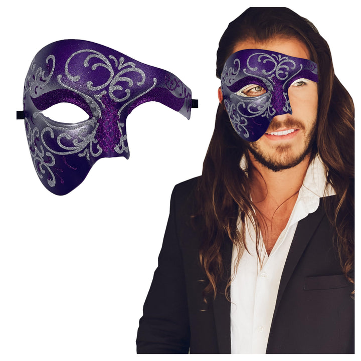 Masquerade Mask For Men Phantom Of The Opera Mask Prom Mardi Gras Haloween Venetian Half Face Mask Purple-silver One Size