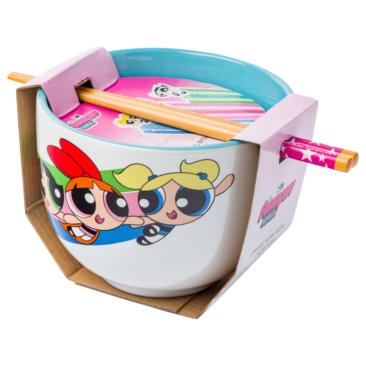 Silver Buffalo The Powerpuff Girls Rainbow Girl Power Featuring Blossom, Bubbles, and Buttercup Ceramic Ramen Noodle Rice Bowl with Chopsticks, Microwave Safe, 20 Ounces Power Puff Girls