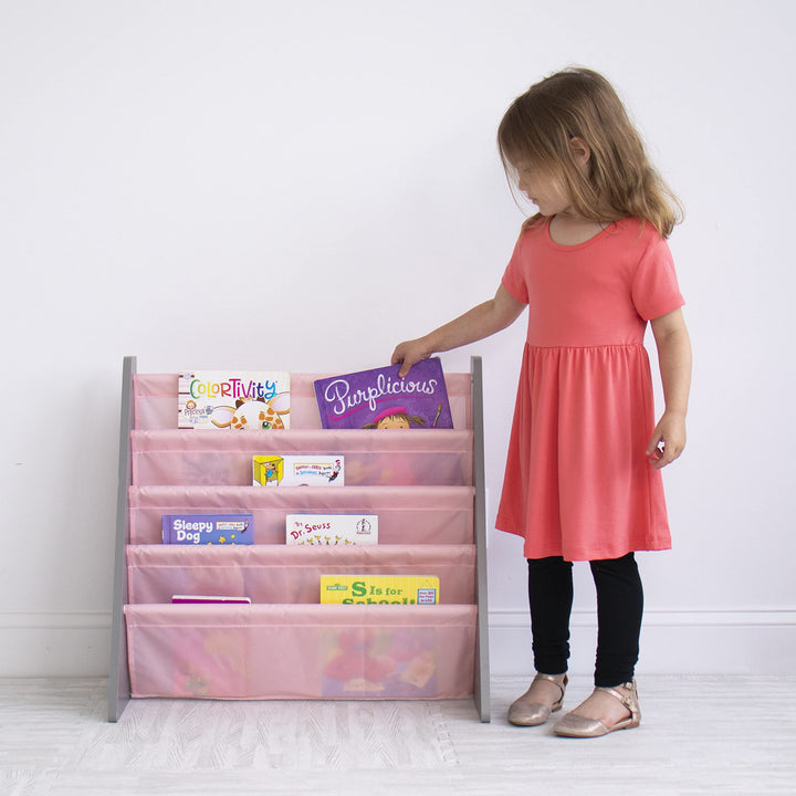 Humble Crew, 4 tier, Natural/White Kids Book Rack Storage Bookshelf with Deep Sleeves, Universal Natural Wood/White