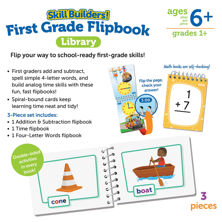 Learning Resources Skill Builders! First Grade Flipbook Library - 3 Pieces, Ages 6+, First Grade Learning Activities, Math and Spelling Activities for Kids, Montessori Activities, Back to School