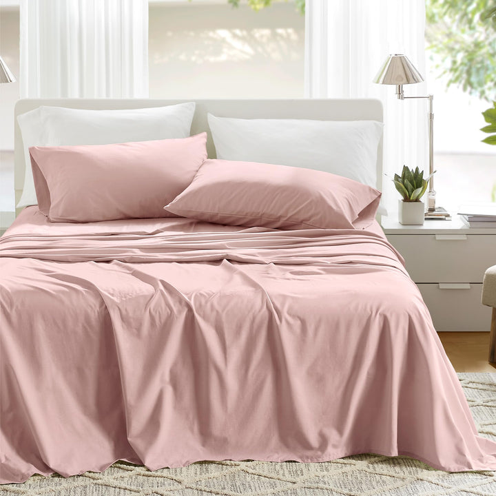 Comfort Spaces 100% Cotton Sheet Set Breathable, Lightweight, Soft with 14" Elastic Pocket Fits up to 16" Mattress, All Season Cozy Bedding, Matching Pillow Case, Queen Good Vibes 4 Piece