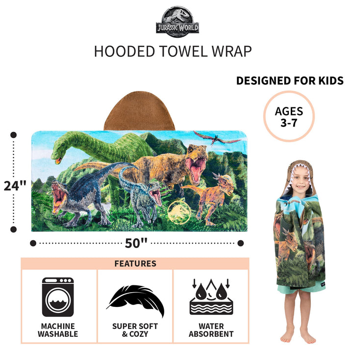 Jurassic World Dominion Soft Bath/Pool/Beach Cotton Terry Hooded Towel Wrap, 24 Inches x 50 Inches, By Franco Kids 24 in x 50 in Jurassic World Dominion