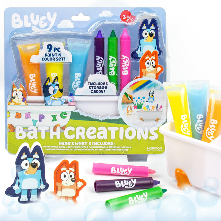 Bluey Bath Creations, 9-Piece Activity Set, Fun Bath Toys, Includes Washable Bath Paints, Bath Crayons, Bath Toy Storage, Bath Paint for Toddlers 1-3, Fun Gifts, Toddler Art Supplies