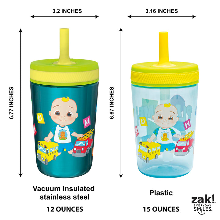 Zak Designs CoComelon Kelso Tumbler Set, Leak-Proof Screw-On Lid with Straw, Bundle for Kids Includes Plastic and Stainless Steel Cups with Bonus Sipper (3pc Set, Non-BPA), 15 fluid ounces