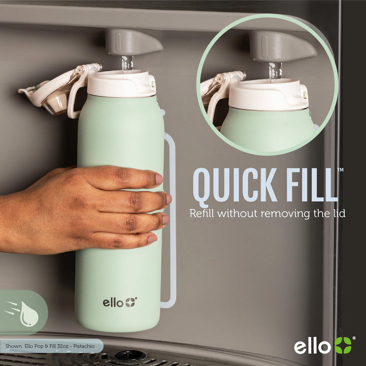 Ello Pop & Fill Stainless Steel Water Bottle with QuickFill Technology | Double Walled Vacuum Insulated Metal | Leak Proof Locking Lid | Sip and Chug | Reusable BPA Free | 22oz, 32oz Pistachio