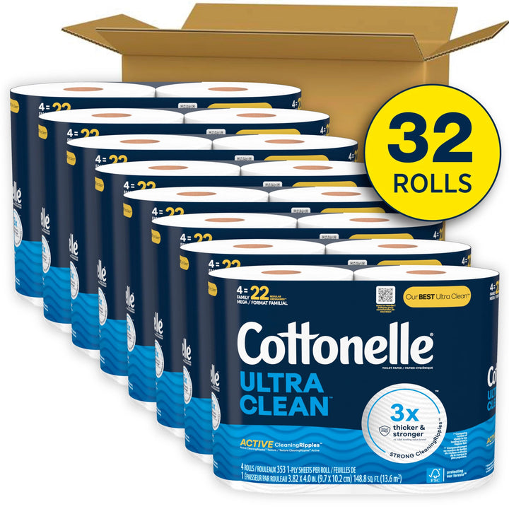 Cottonelle Ultra Clean Toilet Paper with Active CleaningRipples Texture, 24 Family Mega Rolls (24 Family Mega Rolls = 132 Regular Rolls) (4 Packs of 6), 353 Sheets Per Roll, Packaging May Vary 353 sheet (Pack of 24)