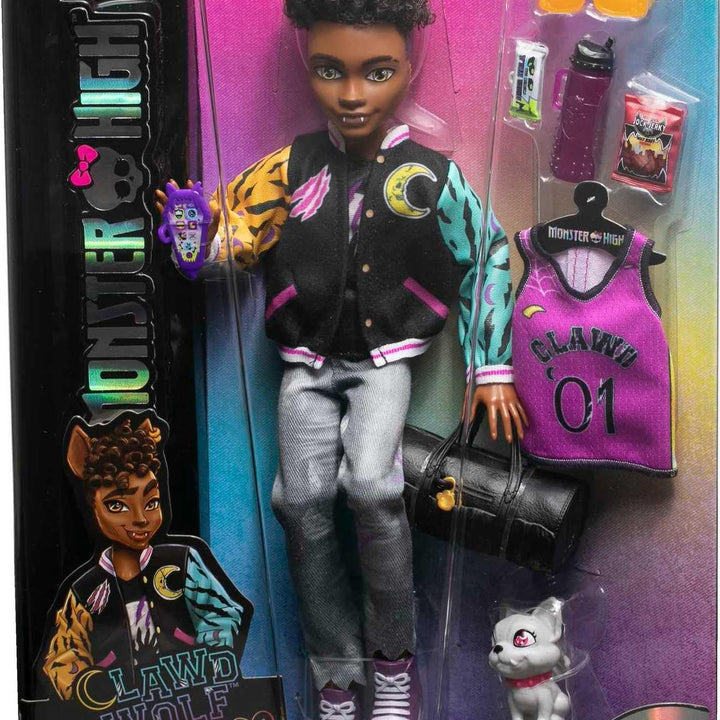 Monster High Doll, Clawd Wolf Werewolf with Pet Gargoyle Bulldog & Themed Accessories, Includes Casketball Jersey & Bag Black