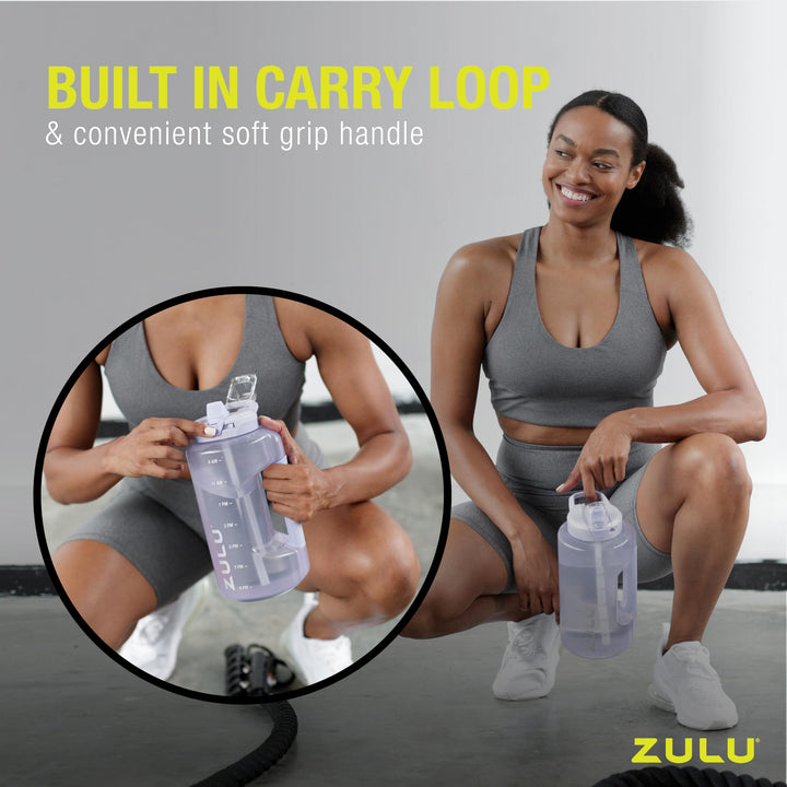ZULU Goals 64oz Large Half Gallon Jug Water Bottle with Motivational Time Marker, Covered Straw Spout and Carrying Handle, Perfect for Gym, Home, and Sports Grey Plastic