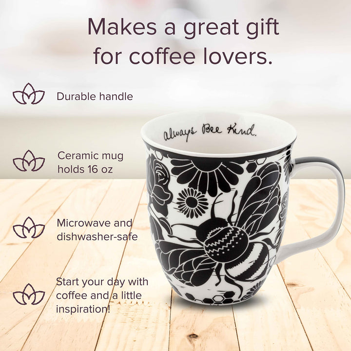 Karma Gifts 16 oz Black and White Boho Mug Bee - Cute Coffee and Tea Mug - Ceramic Coffee Mugs for Women and Men, 1 Count (Pack of 1) 1 Count (Pack of 1)