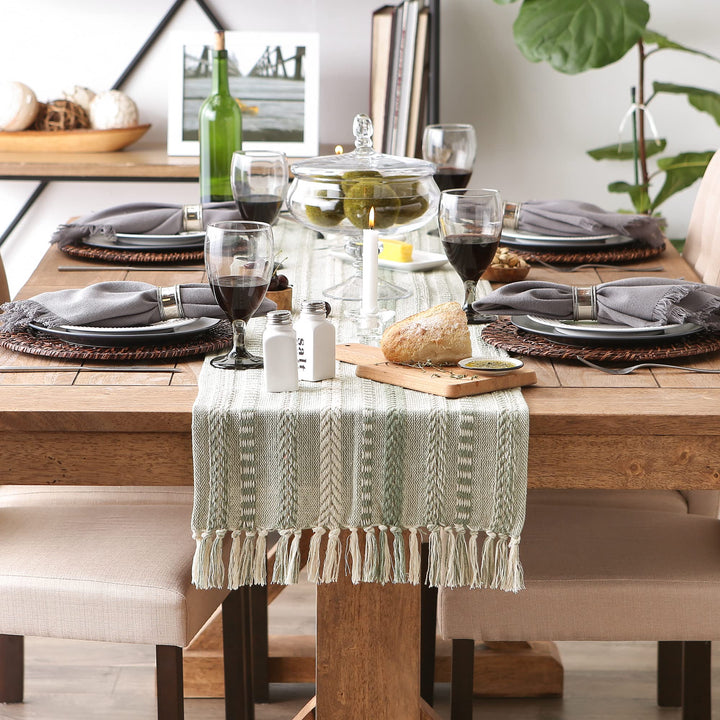 DII Farmhouse Braided Stripe Table Runner Collection, 15x108 (15x113, Fringe Included), Artichoke Green 15x108" (15x113", Fringe Included) Striped