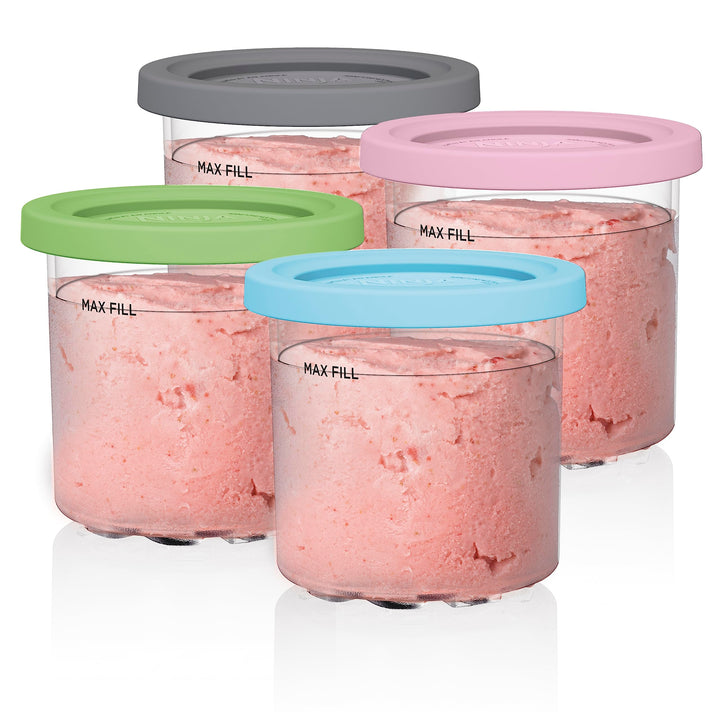 Ninja Creami Pints 4 Pack, Compatible with NC299AMZ & NC300s Series Creami Ice Cream Makers, Genuine Ninja Pint, BPA-Free & Dishwasher Safe, Color Lids, Clear/Grey/Lime/Pink/Aqua, XSKPLD4BCD