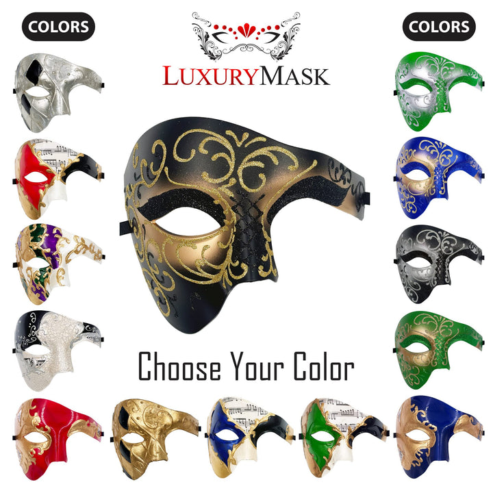 Masquerade Mask For Men Phantom Of The Opera Mask Prom Mardi Gras Haloween Venetian Half Face Mask Black-gold One Size