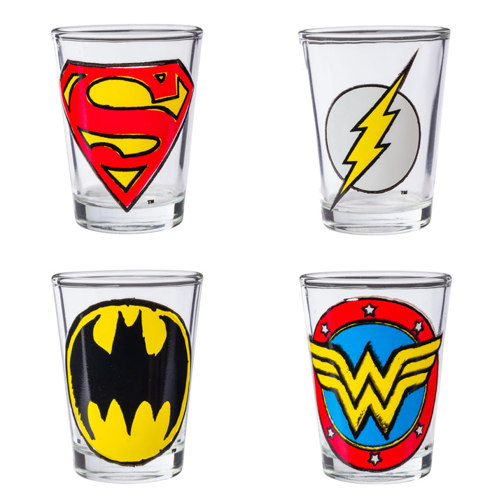 Silver Buffalo DC Comics Superhero Logos Mini Glasses 4 Pack Featuring Flash, Superman, Wonder Woman, and Batman, 1.5 Ounces Comics Sketch Logos