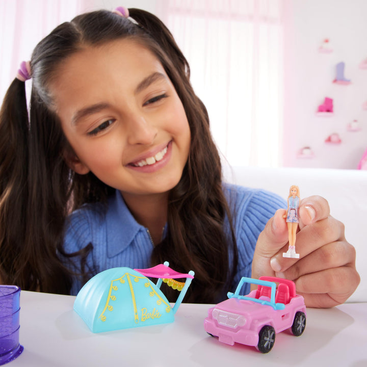 Barbie Mini BarbieLand Doll & Toy Vehicle Sets, 1.5-inch Doll & SUV with Color-Change Surprise & Tent Accessory Jeep