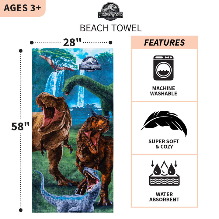 Jurassic World Dominion Blue Velociraptor and Rexy T-Rex Super Soft Cotton Bath/Pool/Beach Towel, 58 Inches x 28 Inches, By Franco Kids 58 in x 28 in Jurassic World Dominion