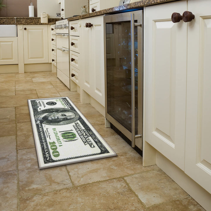 Machine Washable $100 Bill Design Non-Slip Rubberback 17x43 Modern Runner Rug for Hallway, Kitchen, Bedroom, 17" x 43", Green/Multicolor Money Old $100 Runner - 17" x 43"