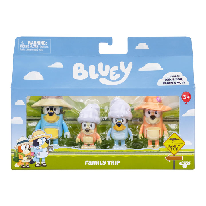 Bluey Figure 4-Packs, Family Trip, 2.5 Inch Poseable Figures of Bluey, Bingo, Bandit and Chilli, with Accessories, Kids Can Recreate Their Favorite Moments from The Bluey TV Show