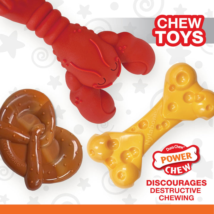 NYLABONE Power Chew Dog Toy Pack - Cute Dog Toys for Aggressive Chewers - with a Funny Twist! Tough Dog Toys - Durable Dog Toys - Lobster, Cheese, and Pretzel Shapes, Small/Regular (3 Count)