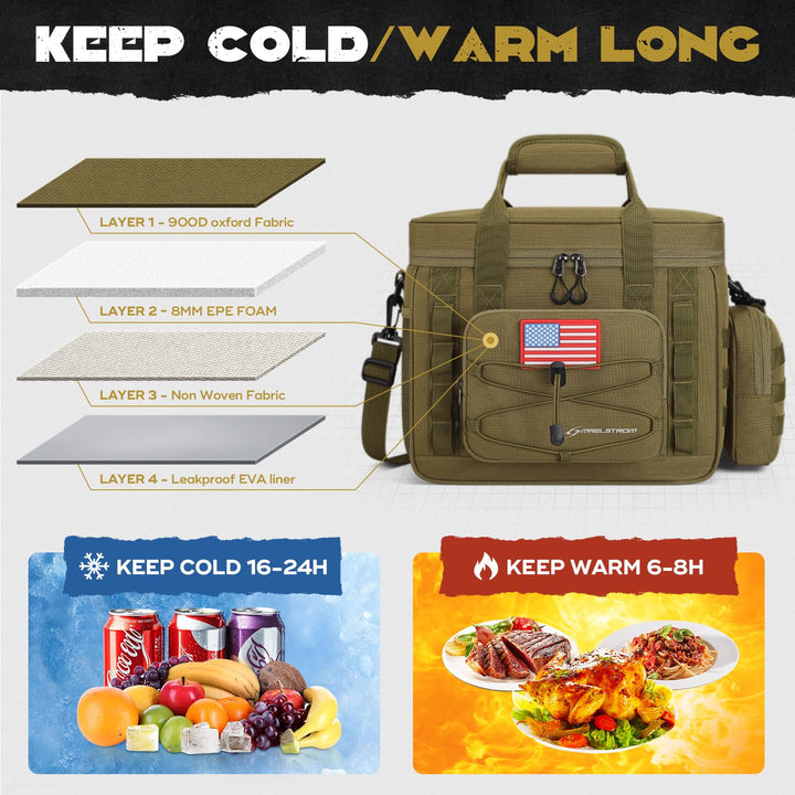 Maelstrom Tactical Lunch Box, Insulated Lunch Bag for Men, Large Durable Leakproof Cooler Bag with Detachable MOLLE Bags, Modern Lunch Tote for Adult Women Work,Picnic,20 Cans/15 L, Khaki 15L