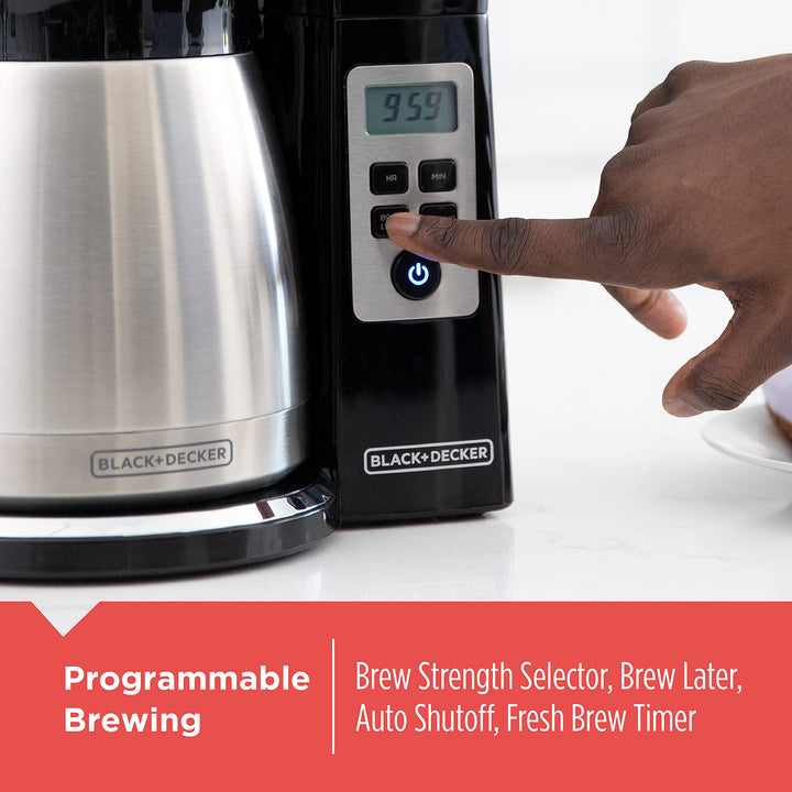 BLACK+DECKER 12-Cup Thermal Programmable Coffee maker, Brew Strength Selector, Auto-clean, Black and Silver CM2045B