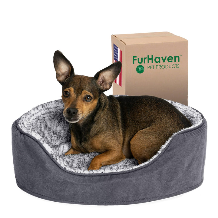 Furhaven Dog Bed for Small Dogs w/ Removable Washable Cover & Pillow Cushion Insert, For Dogs Up to 12 lbs - Two-Tone Faux Fur & Suede Oval Lounger - Gray, Small Oval (Fiber-Filled Base) 19.0"L x 15.0"W x 5.5"Th Two Tone Gray