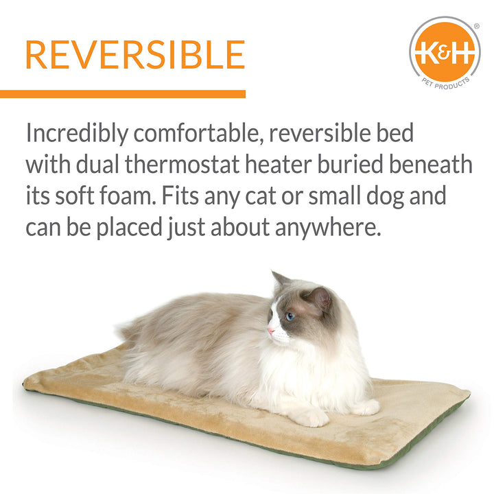 K&H Pet Products Heated Thermo-Kitty Mat, Indoor Heated Cat Bed, Pet Heat Pad for Indoor Cats and Small Dogs, Cat Heating Pad, Electric Thermal Warming Cat Bed Mat, Sage/Tan 12.5 X 25 Inches Pet Bed