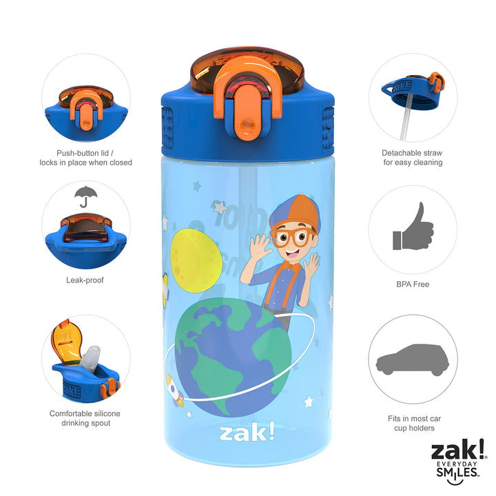 Zak Designs Blippi Kids Water Bottle with Spout Cover and Built-In Carrying Loop, Made of Durable Plastic, Leak-Proof Design for Travel (16 oz, Pack of 2) 2 Count (Pack of 1) Blippi 2pk