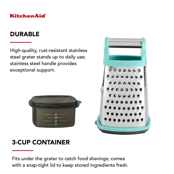 KitchenAid Gourmet 4-Sided Stainless Steel Box Grater for Fine, Medium and Coarse Grate, and Slicing, Detachable 3 Cup Storage Container and Measurment Markings, Dishwasher Safe, 10 inches tall, Aqua Aqua Sky 10 Inch