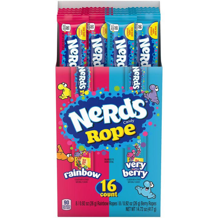 NERDS Rope, Candy, Rainbow, Crunchy and Gummy, Back To School Sweet Treat, 0.92 oz Assorted 16 Count