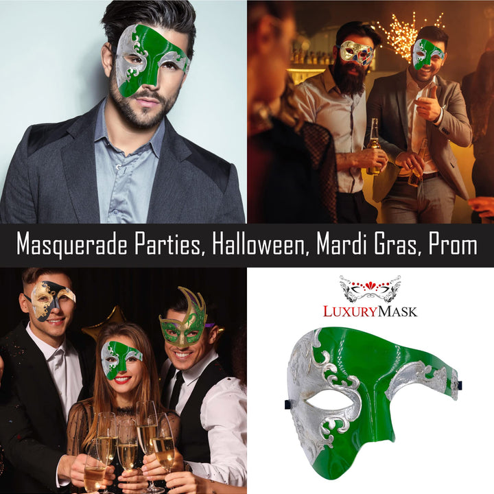 Masquerade Mask For Men Phantom Of The Opera Mask Prom Mardi Gras Haloween Venetian Half Face Mask Green/Silver One Size