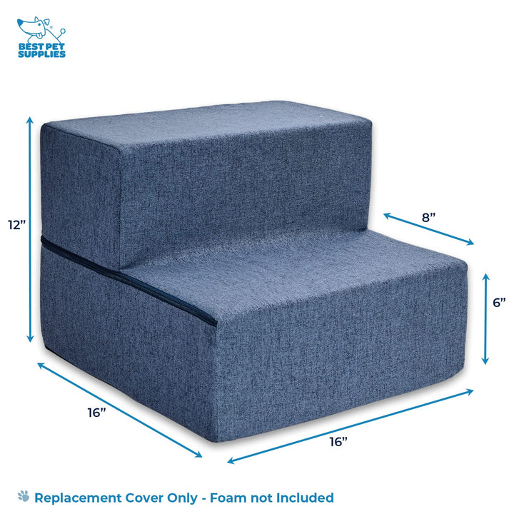 Best Pet Supplies Foldable Pet Stairs Cover for Foam Dog Ramps, Replacement Slip with Non-Slip Step Surface, Plush and Soft Fabric, Provides Paw Traction and Stability - Navy Blue, 2-Step
